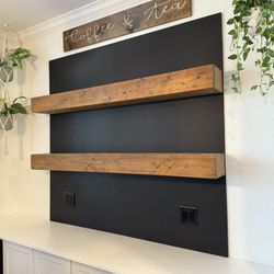 Set Of 2 Pine Wood Floating Shelves Farmhouse Boho Brown Coffee Tea Bar Chalkboard Sign