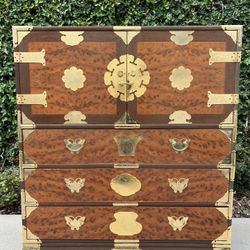 Asian Burl Wood & Brass Korean Tansu Style Wedding Chest/Dresser