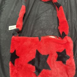 Red Faux Fur Kids Shoulder Bag with Stars, Adjustable Strap, Zip Closure