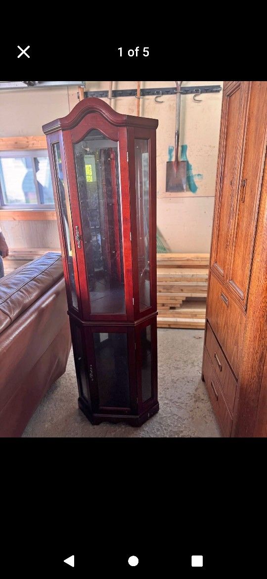 Wood &Glass& Mirror Corner Display Curio Cabinet With Light