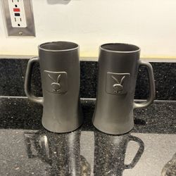 Set of 2 Vintage Playboy Gray Frosted Glass Beer Stein Mugs with Bunny Logo