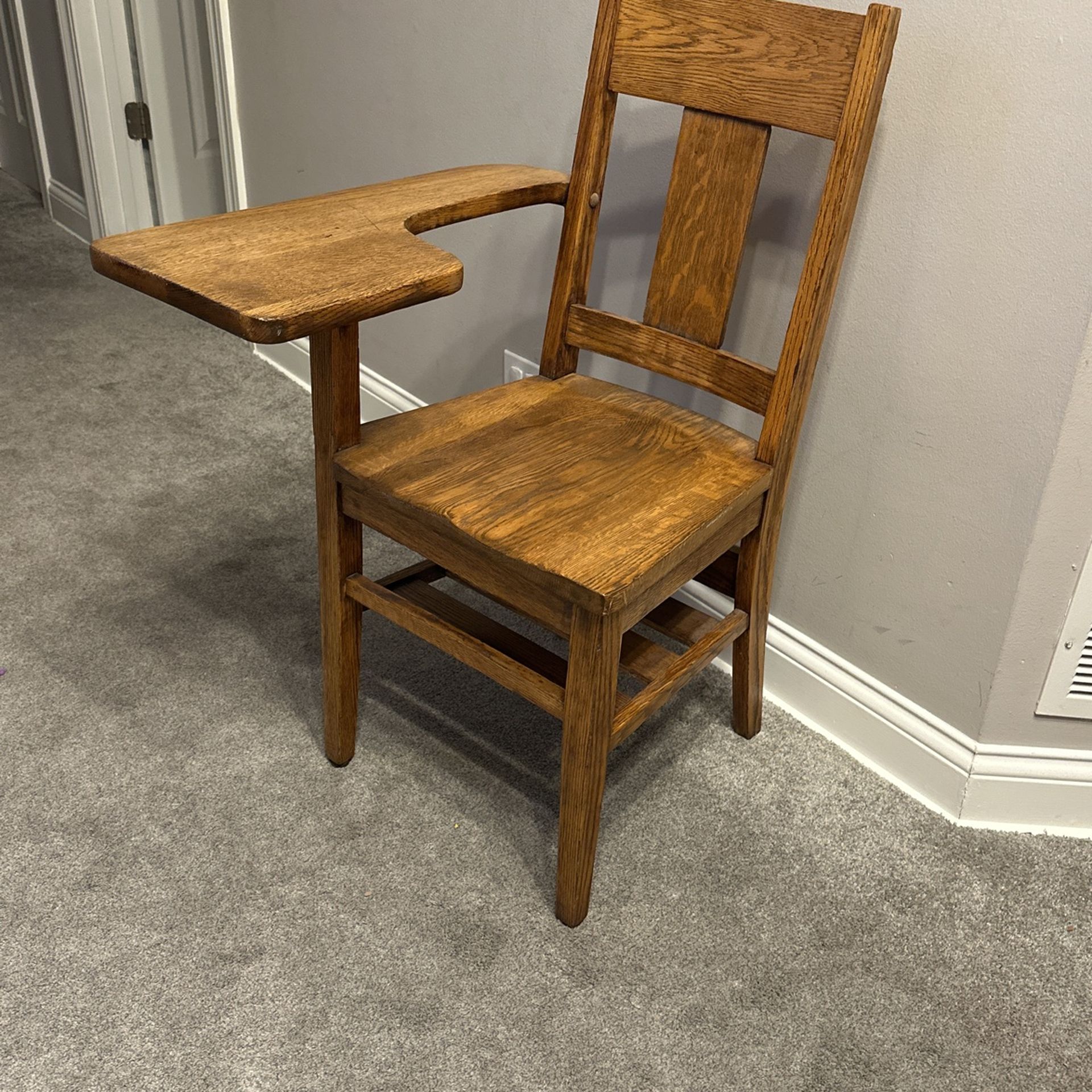 Vintage Antique Student Mission Oak Wood School Chair & Attached Desk
