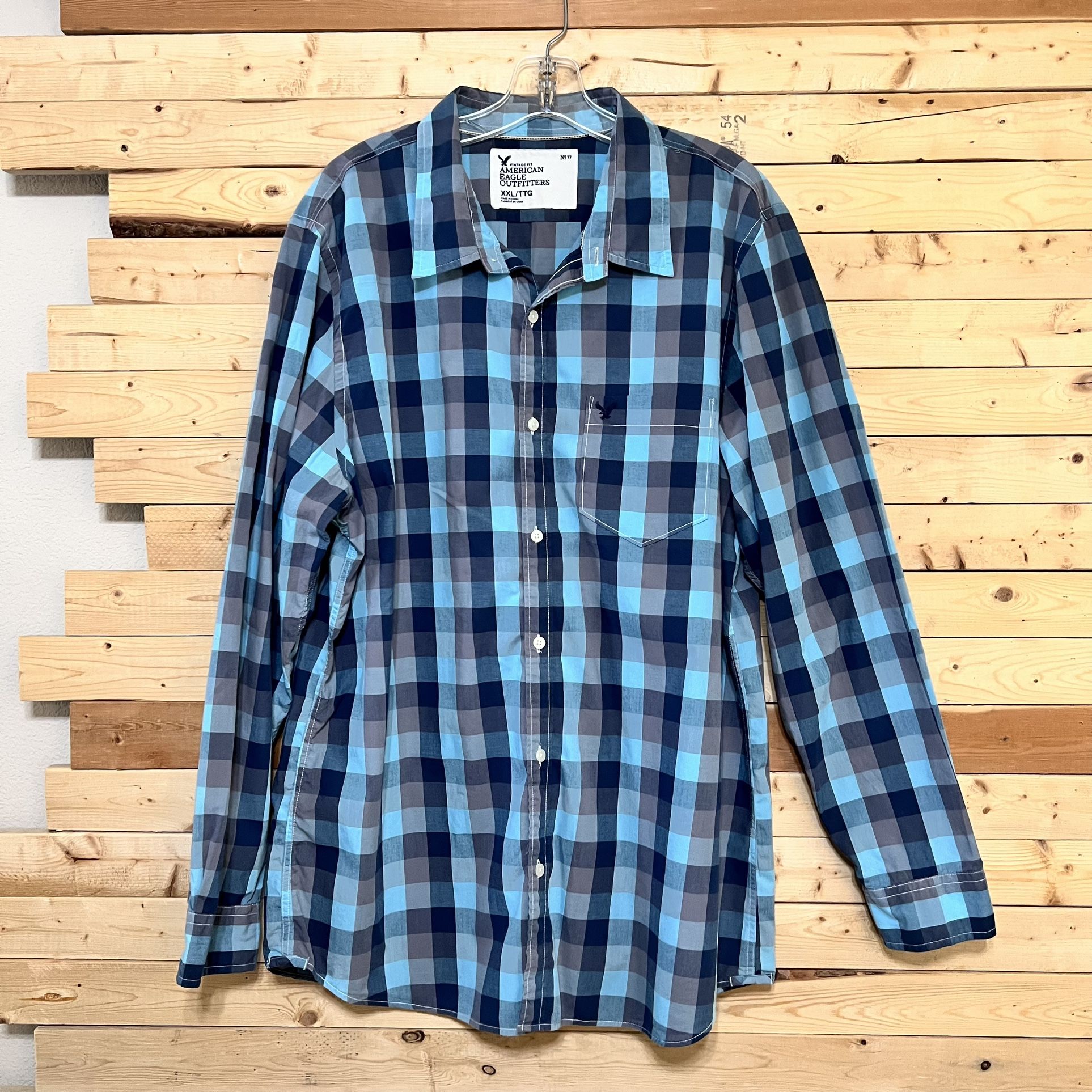 American Eagle Outfitters Blue Gray Plaid Long Sleeve Button Down Shirt Size XXL