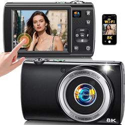 WiFi 8K Super Digital Camera Touch Screen, Autofocus Anti-Shake, 16X Zoom  2 batteries