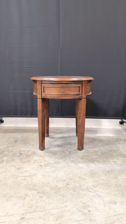 Round Hardwood Side Table with Drawer and Brass Ferrules