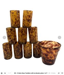 Vintage Cobre Mexican Hand Blown Tortoiseshell Glass Set - 9 Tumblers & Ice Bucket