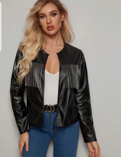 Women Chain Fringe Faux Black Leather Jacket