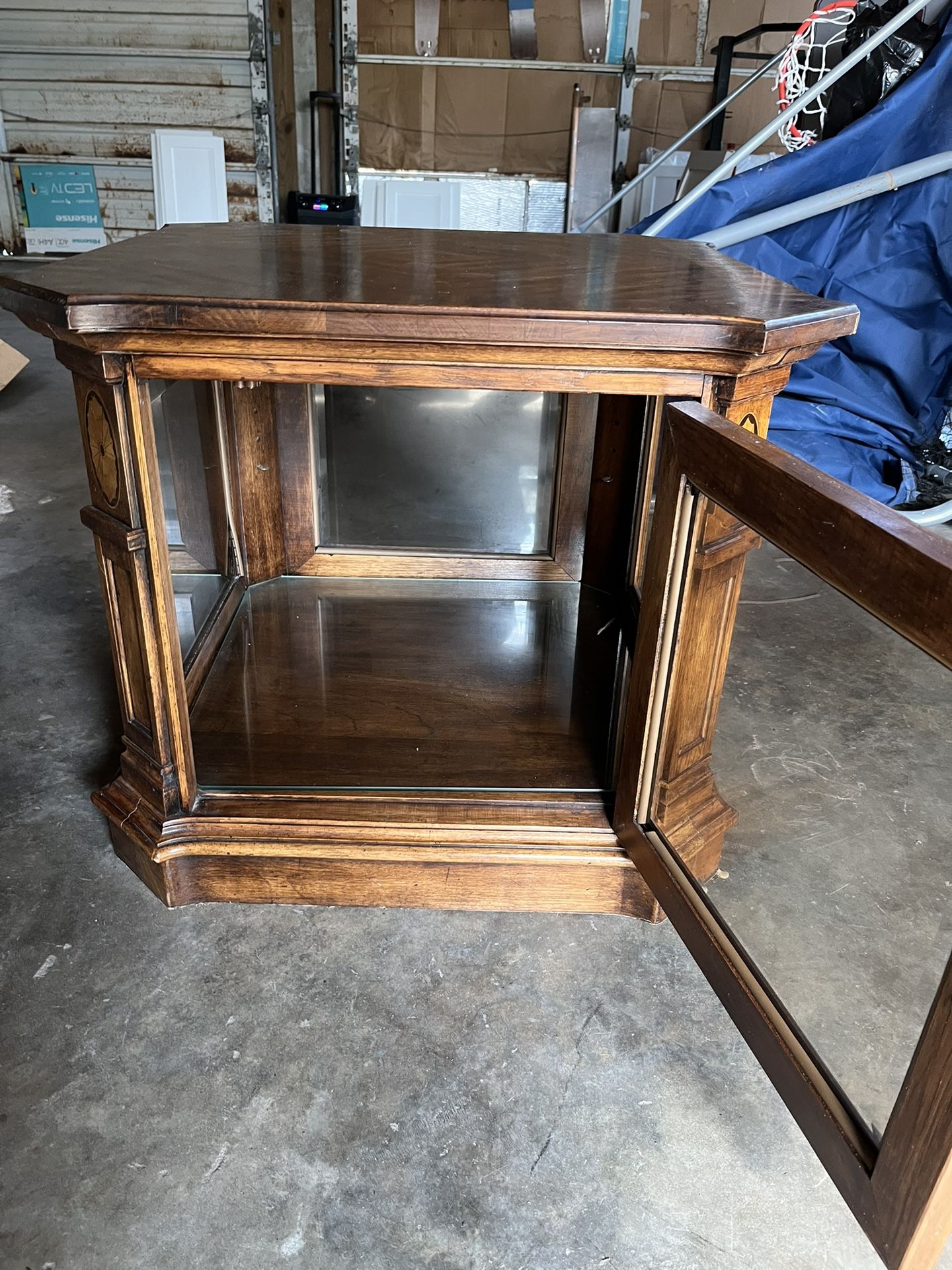vintage wooden display cabinet or curio end table