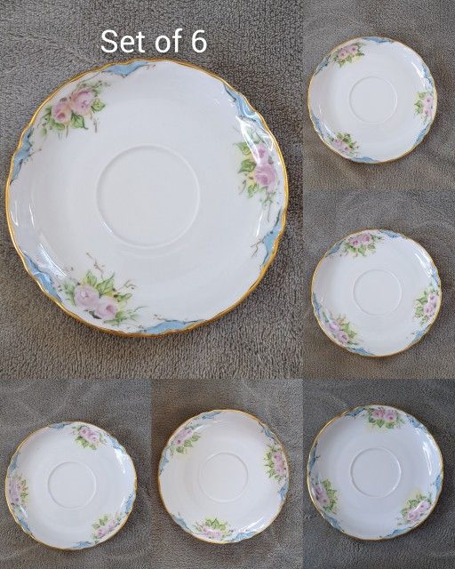 Antique Hutschenreuther Selb LHS Bavaria Set 6 Saucers Pink Roses Hand Painted