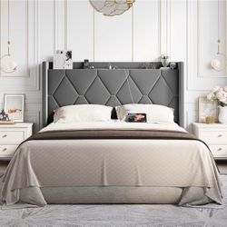 Gray Velvet Queen Size Bed Frame With Charging Station