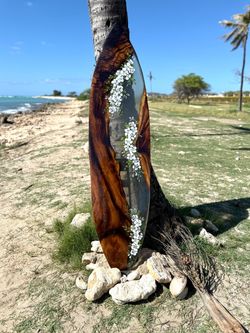 Surfboard Art, 77 inches, Hawaiian Monkeypod, and flower design