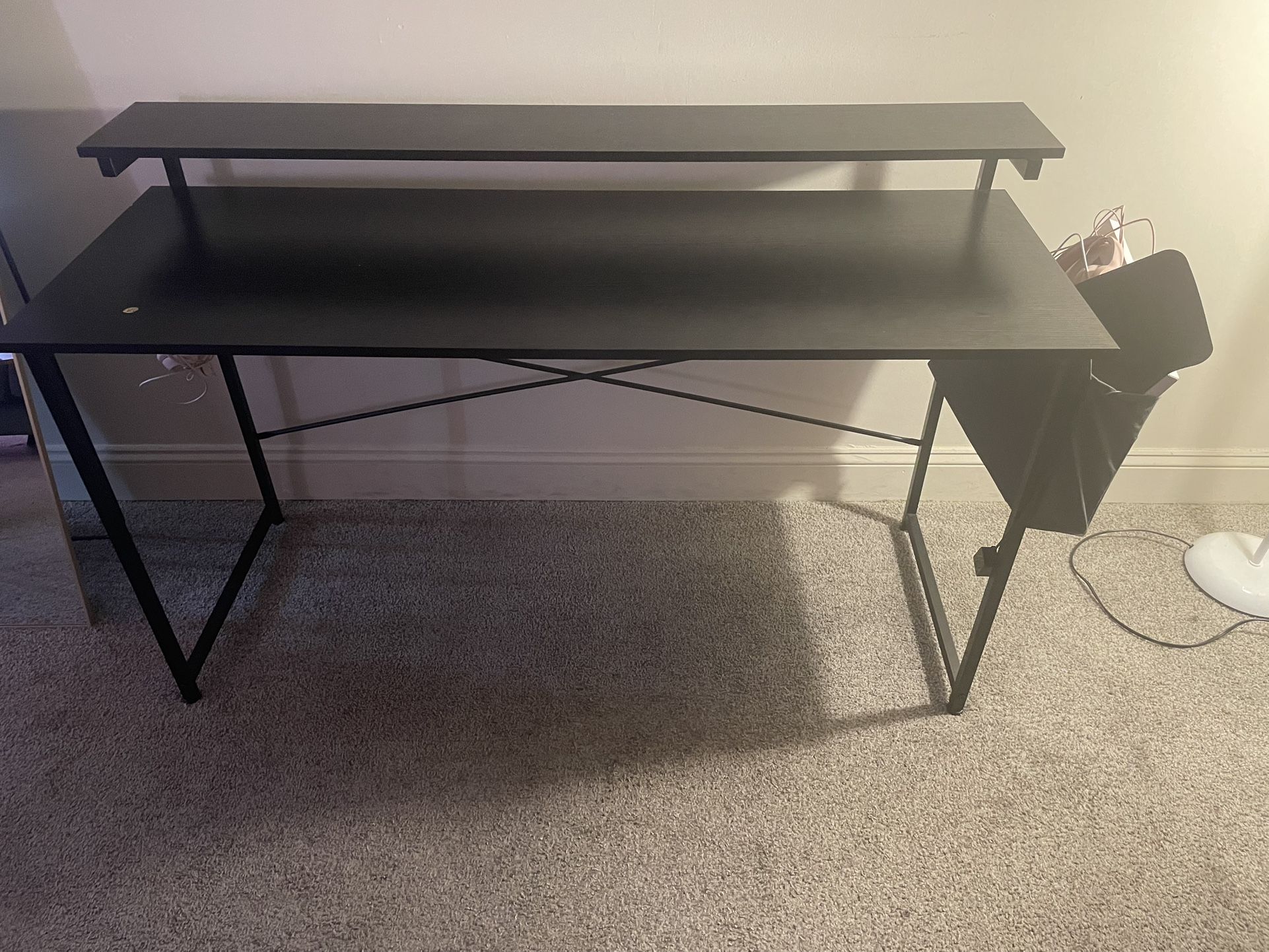 Modern Black Desk w/ Shelf & Side Pocket Organizer