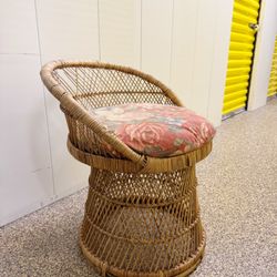 Vintage Small Round Woven Rattan Chair w/ Floral Cushion