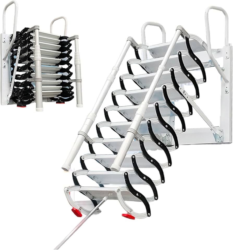 Wall-Mounted Folding Stairs, Folding Loft Staircase with Handrails,Telescoping Attic Ladder with Pull Down System, 12 Steps Attic Stairs, Home Indoor