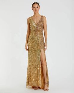 Mac Duggal Gold Beaded Sequin Long Gown Dress Formal Prom Wedding Maxi sz 16, Bayport NY 11705