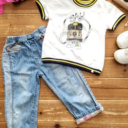 4T-5T 2-PIECE OUTFIT 'SAY CHEESE' SWEATSHIRT FLEECE TEE W/QUIRKY PULL-UP  BAGGY JEANS