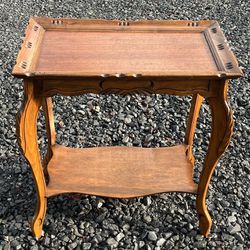 Vintage Hand Carved Wooden Table With Shelf And Curved Legs - Bar Stand