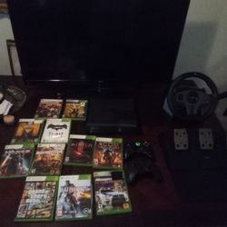 Xbox 360 All Black Elite Edition Touchscreen With Steering Wheel And Gas Pedals And TV Combo 