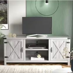 58 in. Farmhouse Grav Wash TV Stand Fits TV's up to 65 in. with Cabinets and Adjustable Shelves