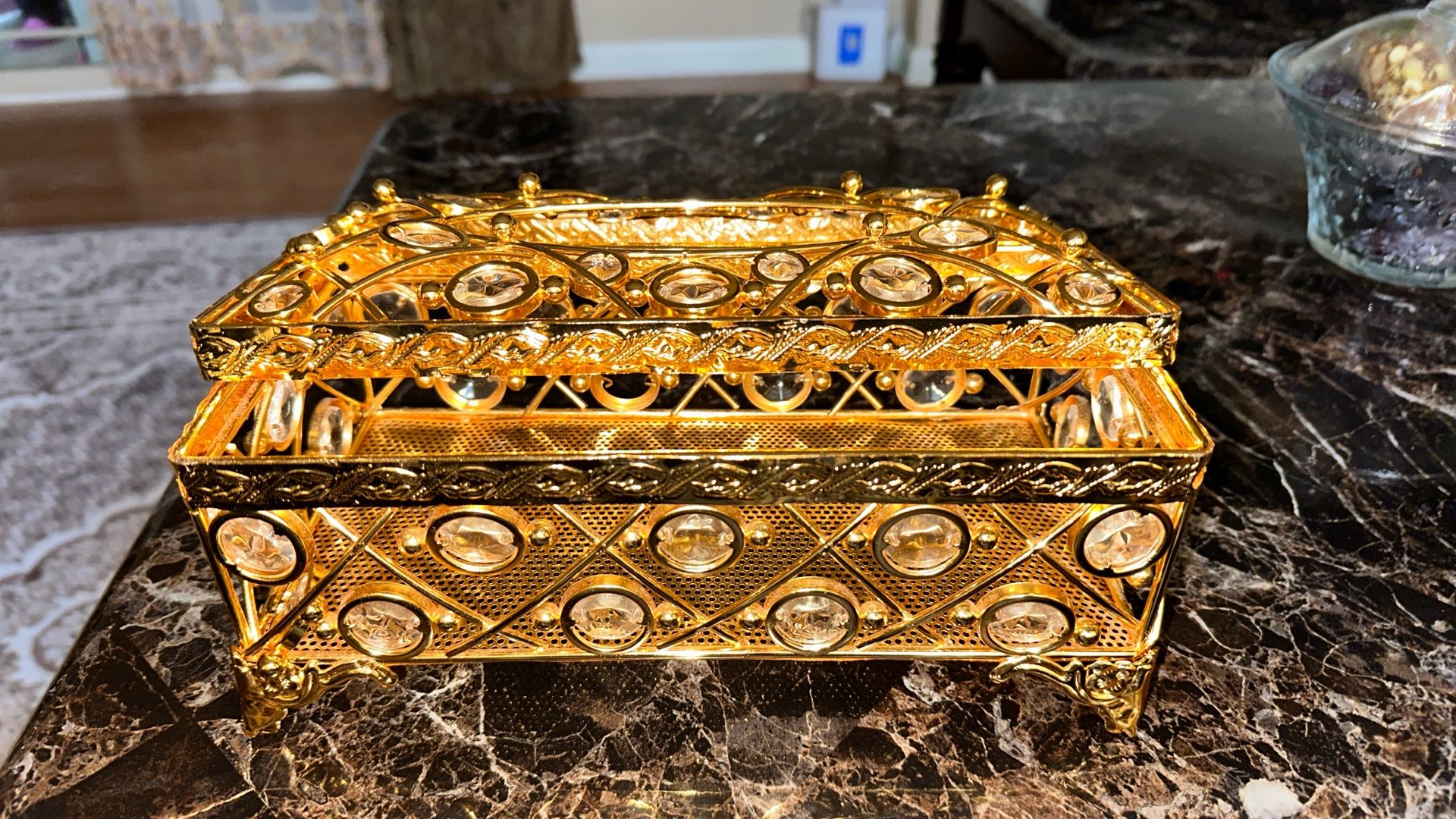 Gold Box For Tissues With Diamond On It