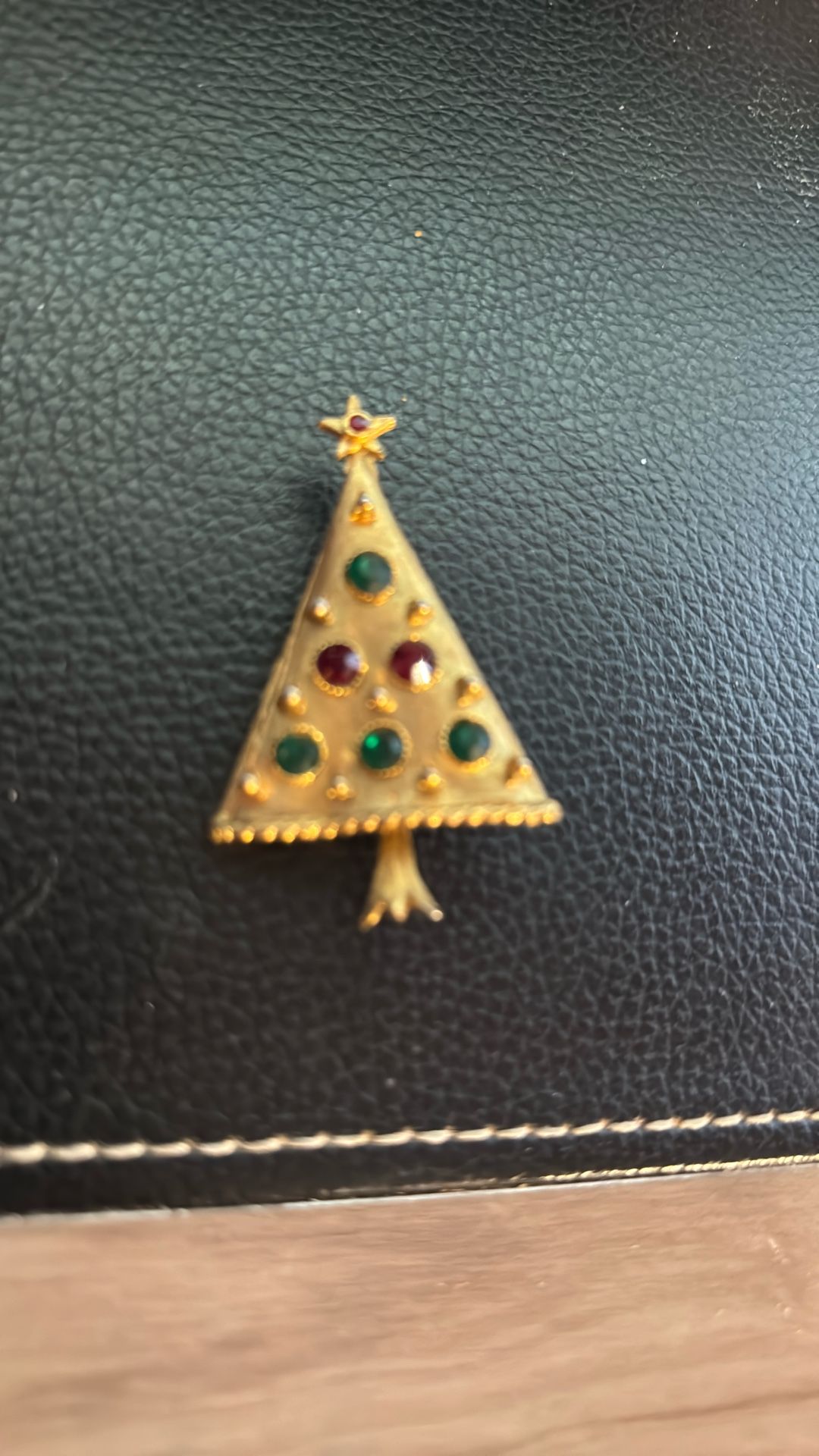 Vintage Green and Red Rhinestone Christmas Tree Holiday Brooch Pin