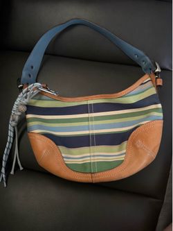 Coach green/blue/white stripped soho bag
