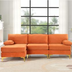 Modern Burnt Orange Velvet Sectional w/ Chaise – Easy Assembly