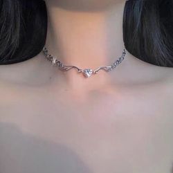 Heart and Angle's Wing Silver CZ Diamond Choker | Silver Short Necklace | Trendy, Cute, Stylish, Y2K