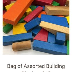 assorted natural wooden building blocks. These are typically children's toys designed for imaginative play and skill development. 