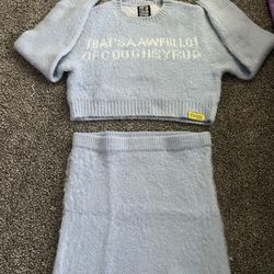 ‘THAT’S A AWFUL LOT OF COUGH SYRUP’ Light Blue Mohair Top AND Mohair Skirt SET. Size LARGE/XL