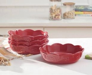 Red Ceramic Bowls with Scalloped Edge Set of 4