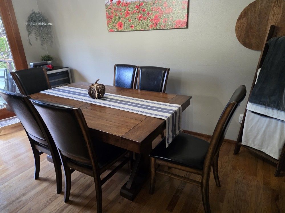 World Market Mahogany Verona Trestle Table + 6 Leather Chairs β $100