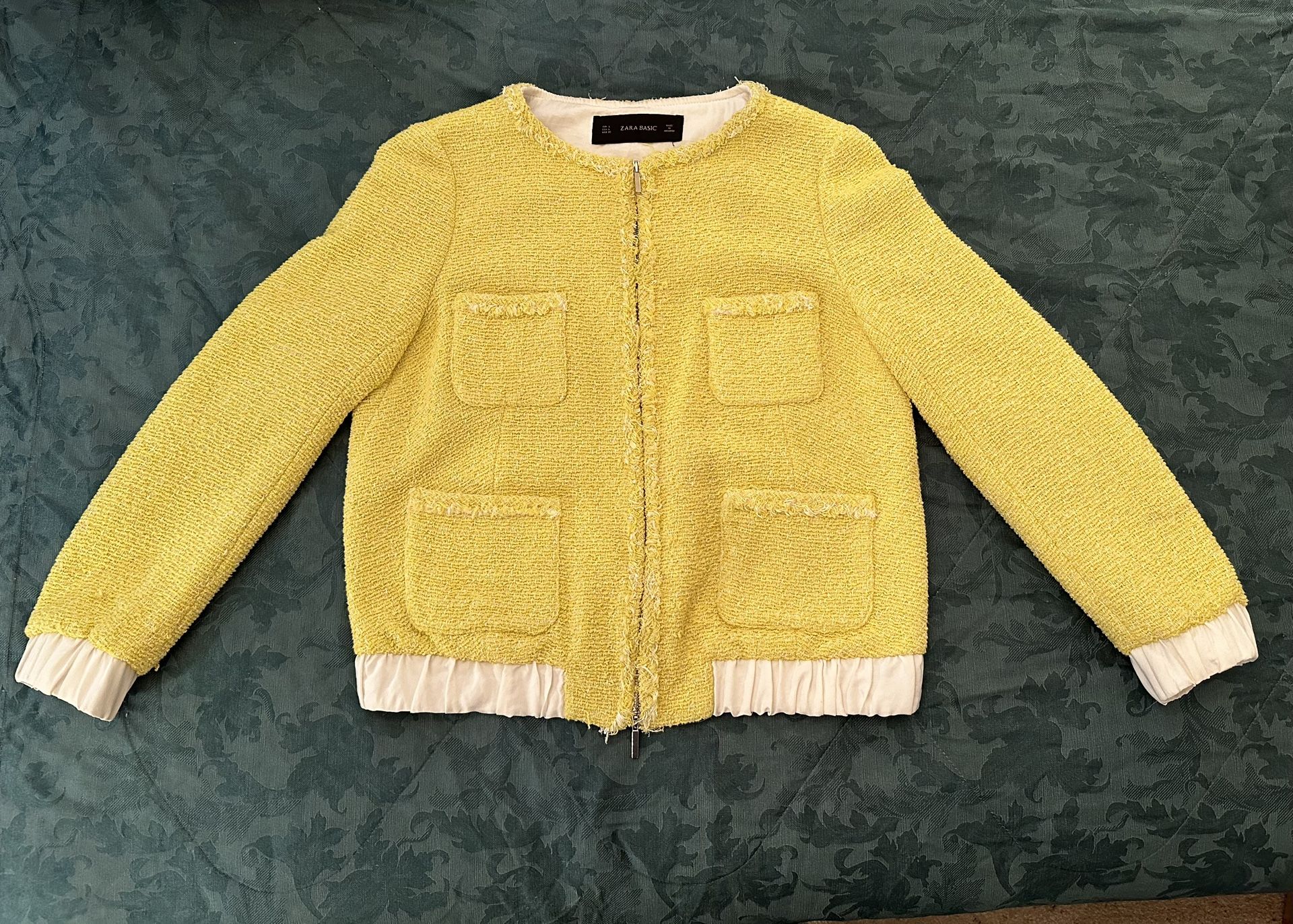 Like New With Box Zara Women’s Yellow White Tweed Jacket Coat Blazer Cardigan With Zipper Closure Large L