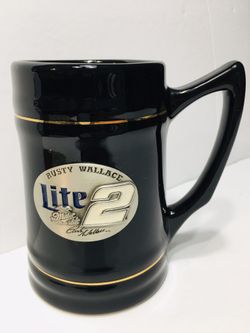 Vintage 90s Miller Lite NASCAR Rusty Wallace Black And Gold Ceramic Mug Stein