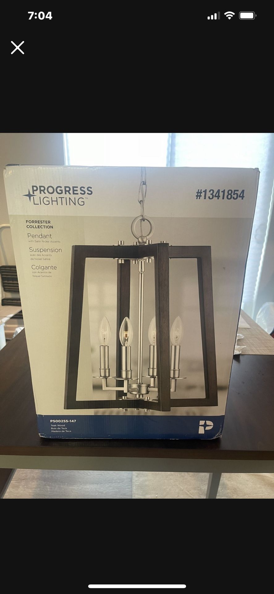 4 light Teak Wood And satin Nickel Lantern Pendant Light