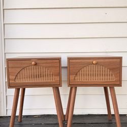Pair wood mid-century modern nightstands with drawer tapered legs