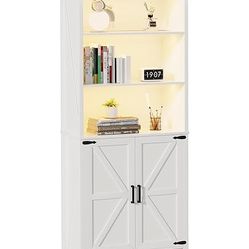 70" Tall Farmhouse 5 Shelf Bookcase with Doors, Freestanding Library Bookshelf, White Finish  