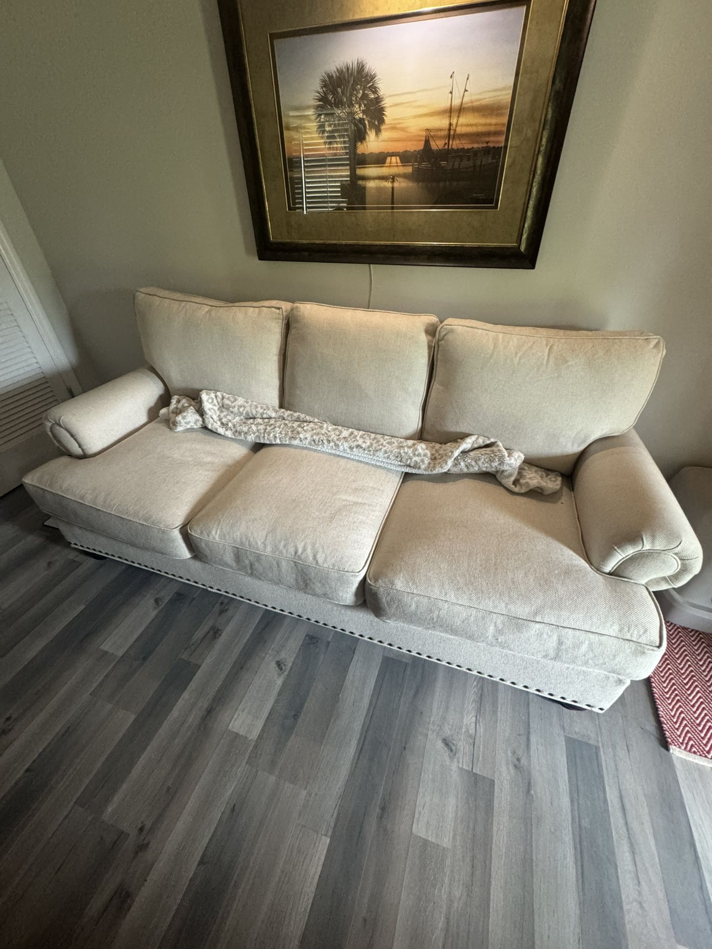 Upholstered Rolled Arm Sofa, Cream Linen Blend - Excellent Condition