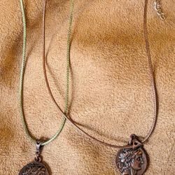2 Identical Ancient Greek Alexander The Great Copper Pendants On Rope Necklaces