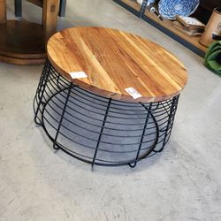 Round hardwood and black metal unique industrial coffee table