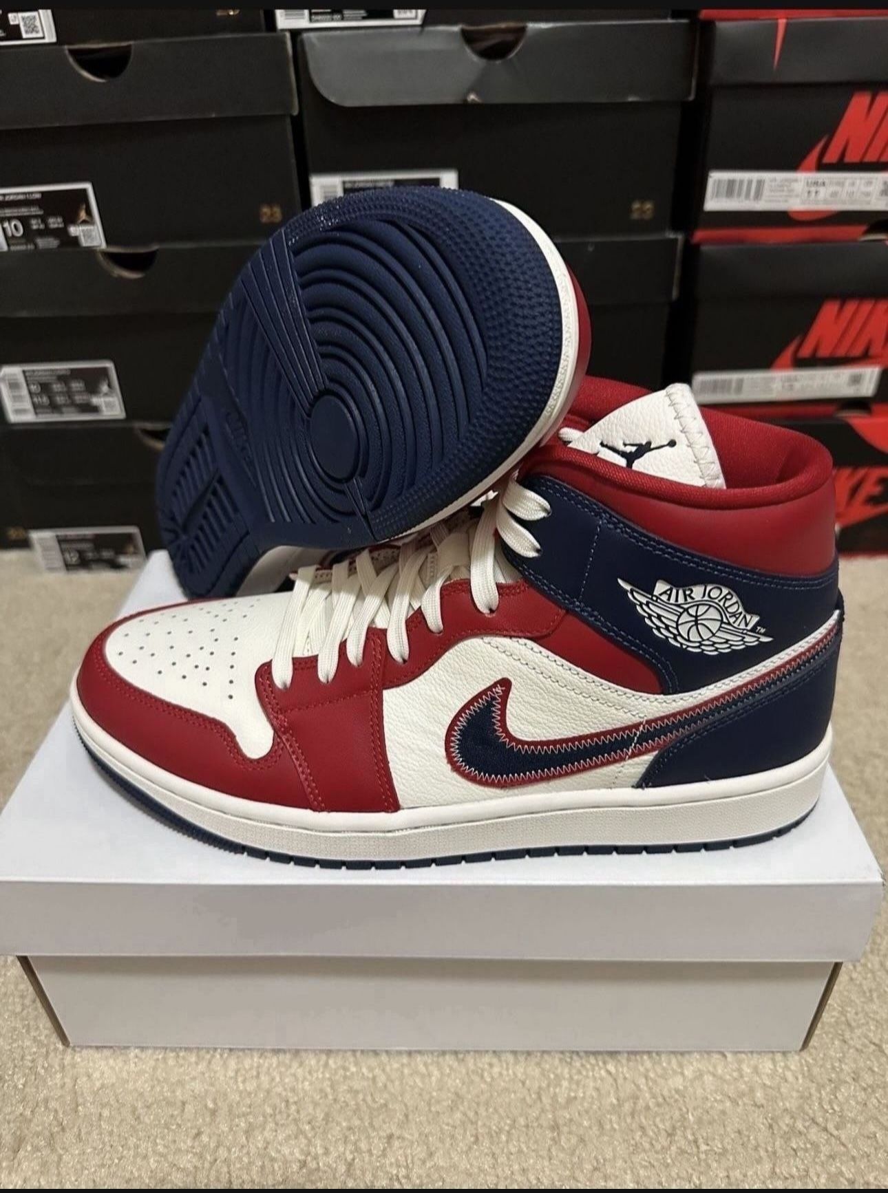 Nike Air Jordan 1 Mid Gym Red Sail White Blue DQ7648-600 Womens Size 10.5/ 9 Mens Brand New 