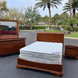 BEAUTIFUL SET QUEEN W BOX + MATTRESS / DRESSER W MIRROR & NIGHTSTAND - BY RIVERS EDGE - SOLID WOOD - GREAT CONDITION- Delivery Available