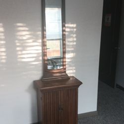 Vintage Elegant Dark Wood Hall Tree with Mirror & Storage Cabinet – $85 