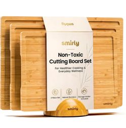SMIRLY Cutting Boards for Kitchen, 3 Piece Bamboo Cutting Board with Stand Non Toxic Wooden Cutting Board with Juice Grooves and Handles, Multiple Siz