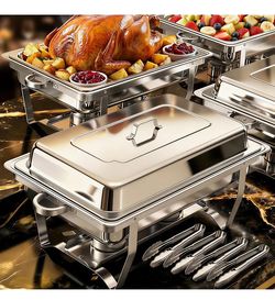 POWERFUEL 4 Pack 9QT Rectangular Stainless Steel Chafing Dishes for Buffet Chafing Dishes Set with with 4 Serving Tongs, Serving Tray, Water Pan, Stan