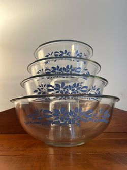 Vintage Corning Pyrex Blue Flower Ribbon Bowls Set Oven & Microwave - No Stovetop or Broiler