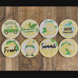 8 Rhinestone Gem Diamond Painting Art Coasters, Lemon and Fresh Lemonade Themed Set with Metal Holder & Cork Bottoms, Summer Fruit Design, Never Used!