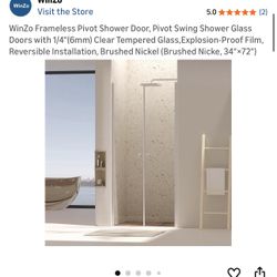 WinZo Frameless Pivot Shower Door, Pivot Swing Shower Glass Doors with 1/4"(6mm) Clear Tempered Glass,Explosion-Proof Film, Reversible Installation, B