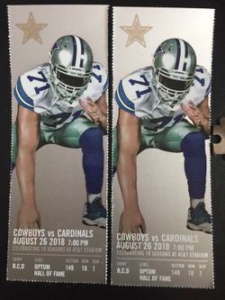 (2) Great Lower Arizona Cardinals @ Dallas Cowboys Tickets - 3rd row up center endzone aisle