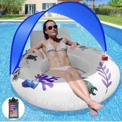 Inflatable Pool Floats with Canopy, Floating Pool Chair with Cup Holder & Handles, Pool Lounger Float with Adjustable Sun Shade Cover, Large Beach Flo